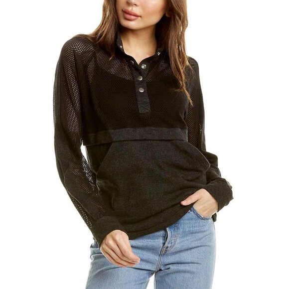 Monrow Mesh Sleeve Snap Button Sweatshirt Mixed Media Size S - Picture 1 of 9